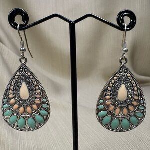 Boho Silver and Turquoise Teardrop Earrings With Rhinestone Accents